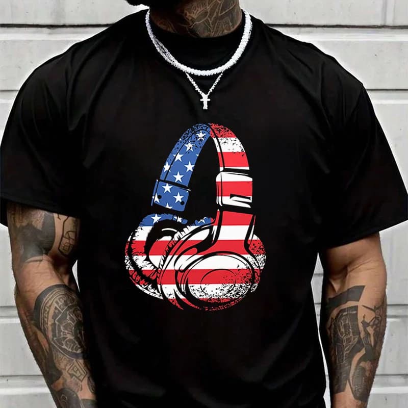 Men's T-shirt with American flag, game headphones, casual fashionable t-shirt for summer, comfortable short sleeve top