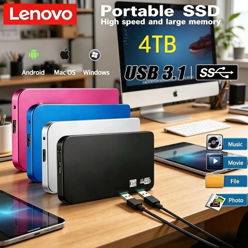 Lenovo Box Esterno per SSD USB 3.0 da 4TB, Custodia per Disco Rigido Mobile con Cavo USB 3.0 in ABS