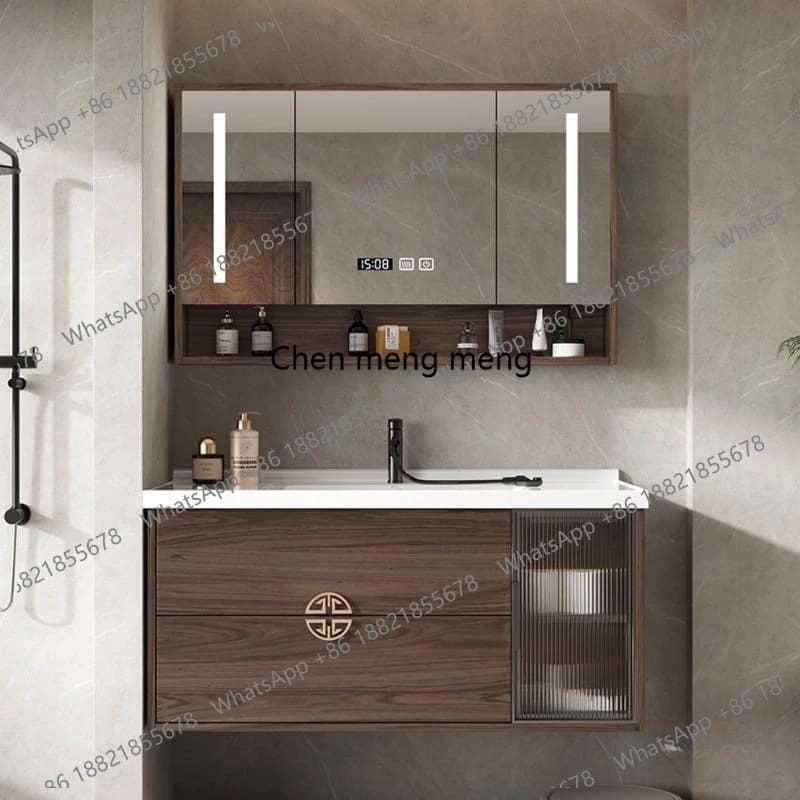 Mobile bagno in legno stile cinese con lavabo e specchio antiappannamento, mobiletto per lavabo domestico