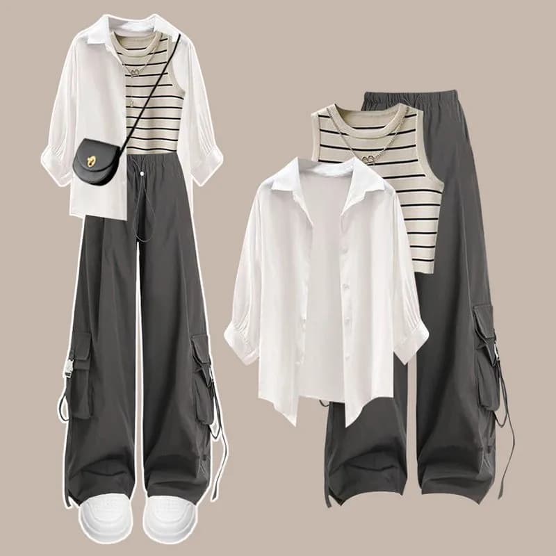 Donna Primavera Estate Nuovo Casual Tuta da donna Camicia elegante coreana + Gilet a righe + Pantaloni cargo Set di pantaloni larghi femminili in 3 pezzi