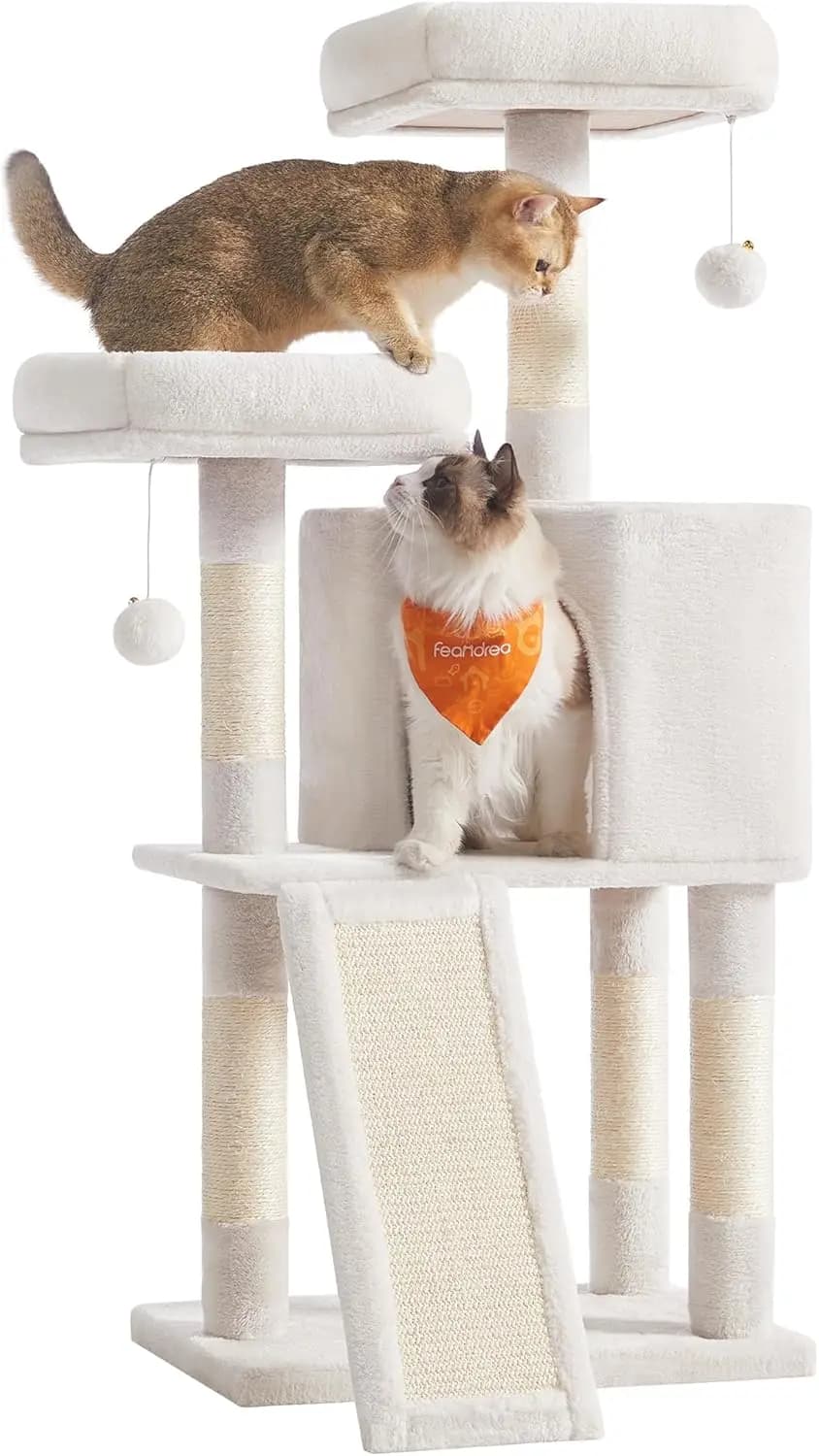 Torre per Gatti da 45,3 Pollici con Cuccia in Peluche, Tiragraffi, Rampa, Posatoio e Grotta Spaziosa per Piccoli Spazi in Bianco Crema