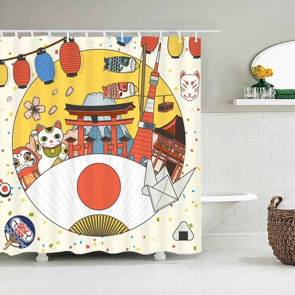 Tenda da doccia Lucky Cat Japan Carp Banner con stampa paesaggistica in stile giapponese per bagno, con ganci