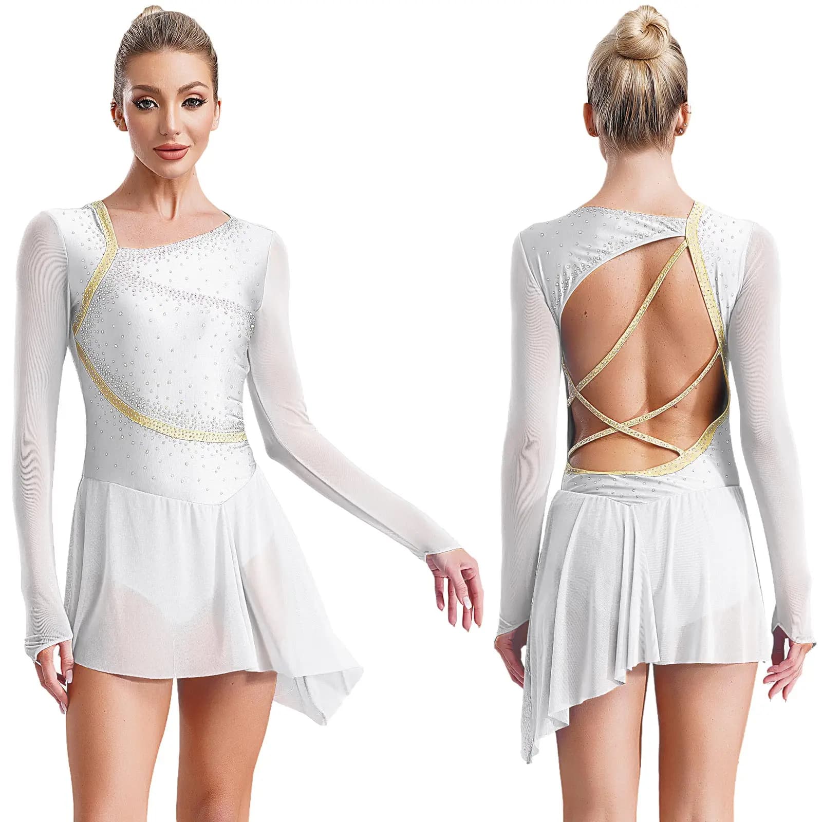 Costume da ballo moderno da pattinaggio per donna, abito in tulle a maniche lunghe a maniche lunghe in rete trasparente per adulti, per pattinaggio su ghiaccio, ginnastica, balletto, danza