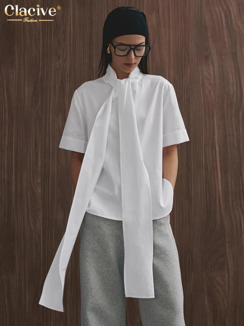 Clacive Camicia da donna casual in cotone bianco allentato 2025 Camicie a maniche corte con colletto a fiocco estivo Elegante top classico Abbigliamento femminile