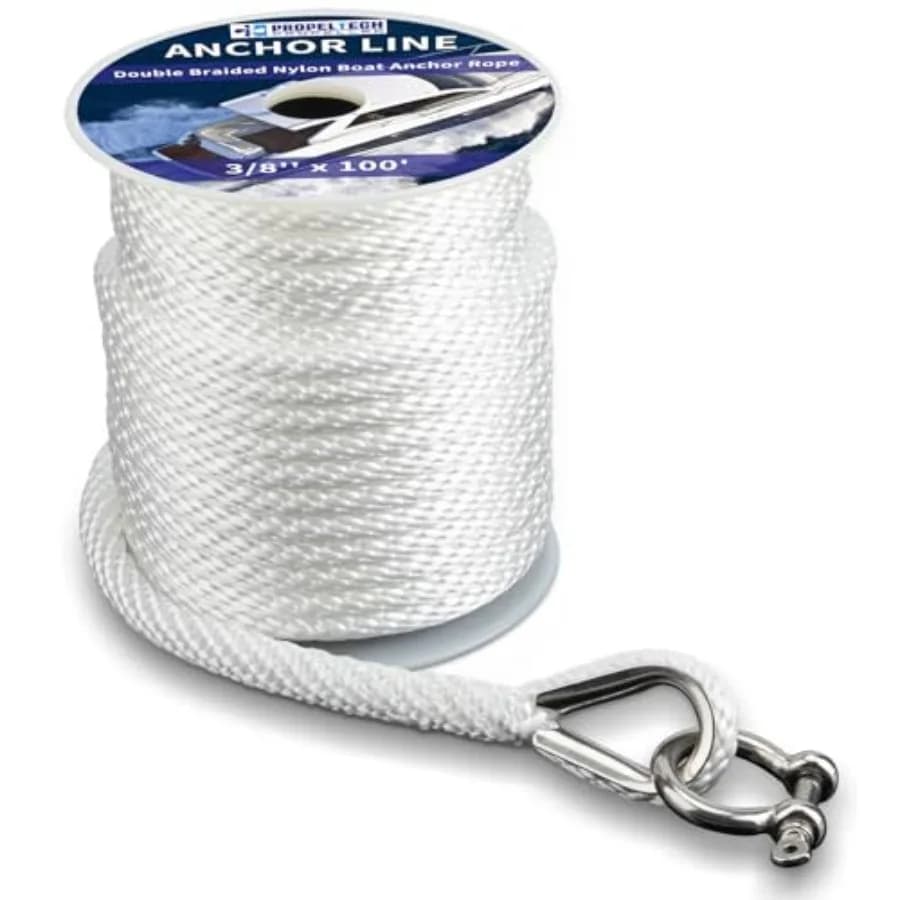 Anchor Rope Braided Anchor Line White, 3/8" x 100' Premium Solid Braid MFP Boat Rope with Stainless Steel Thimble and Shackle,