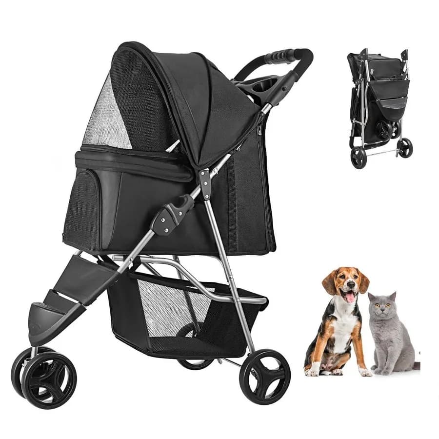 Foldable Pet Stroller 35 lbs Capacity 3-Wheel with Mesh Windows and Cup Holders Portable Carrier with Brake for Small to Medium