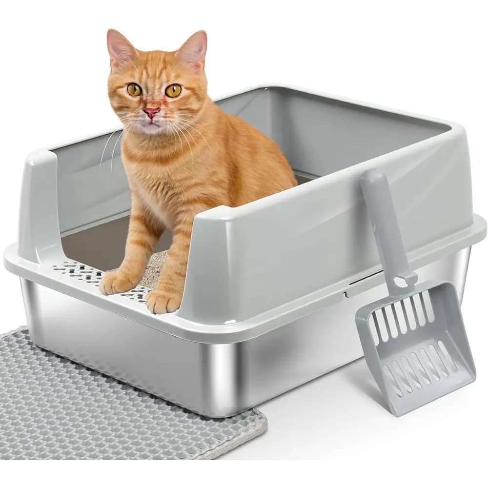 Lettiera per Gatti Rialzata in Metallo con Coperchio, Ingresso Basso per Gatti Piccoli e Medi, Facile da Pulire, Anti-Perdita, Paletta e Tappetino Inclusi