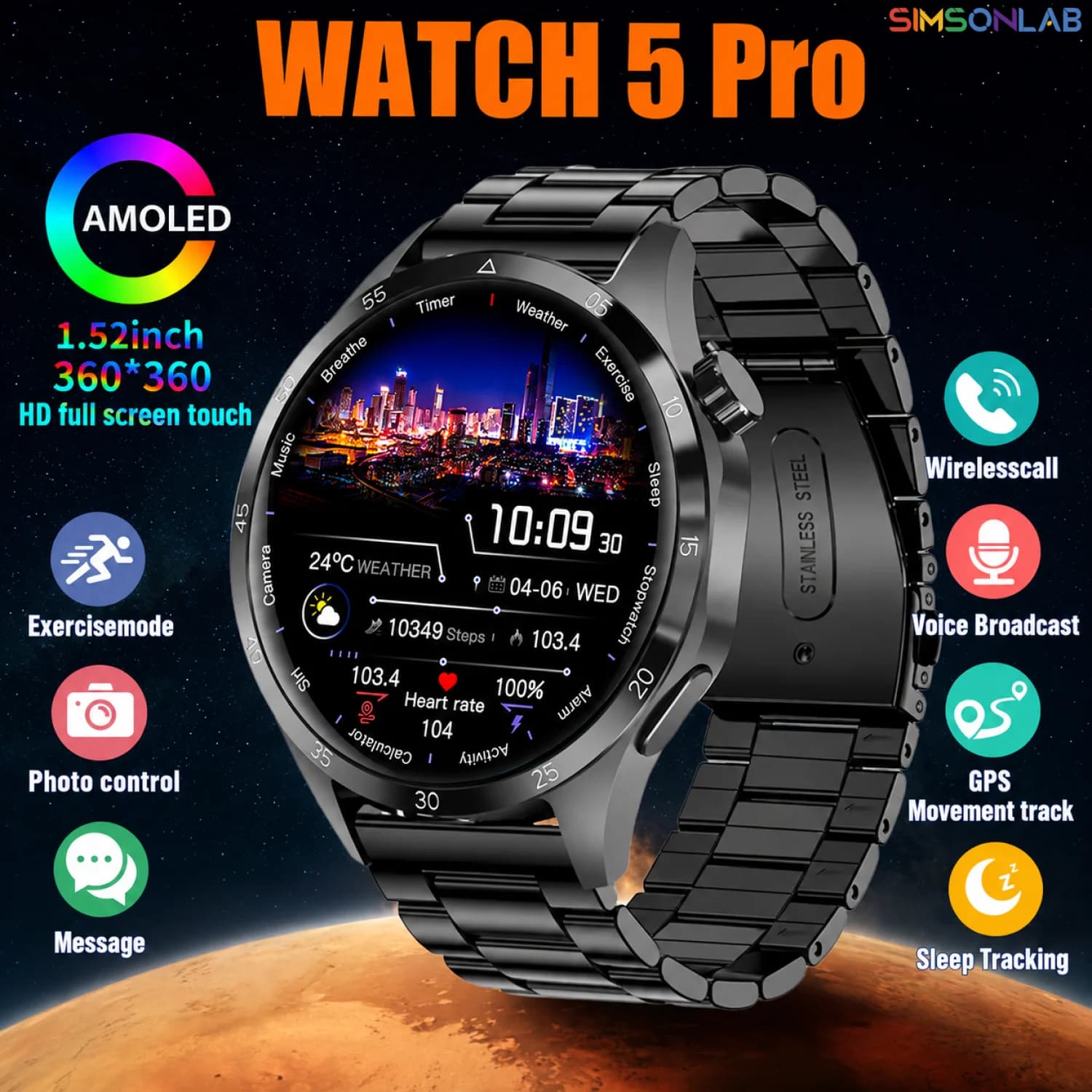 Smartwatch 2026 Watch 5 Pro con GPS, Bussola, Schermo AMOLED 360*360, Chiamate BT, Impermeabile, Monitoraggio Salute per Uomo