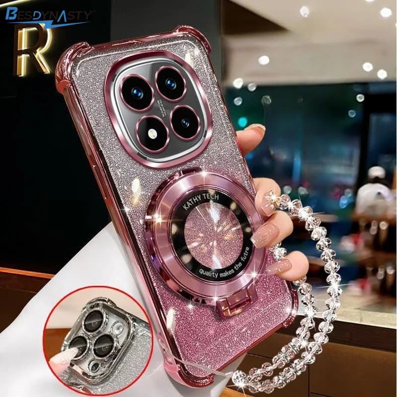 Phone case with magnetic support and crystal bracelet for Motorola Edge 60 Fusion 50 50 Pro 50 NEO, soft, shockproof silicone cover with glitter