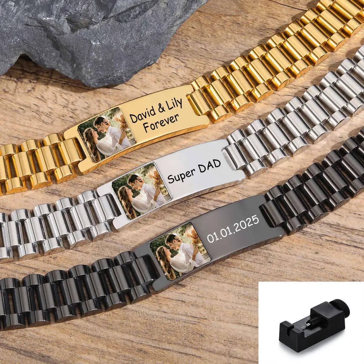 Customized Men's ID Bracelets,Stainless Steel Watch Strap Chain Wristband with Free Regulator,Valentine's Day Father Gift