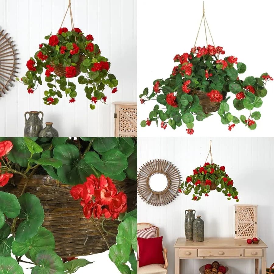 Geranio Artificiale in Cesto Sospeso, Pianta Floreale Finta per Decorazione Interna, Casa e Portico