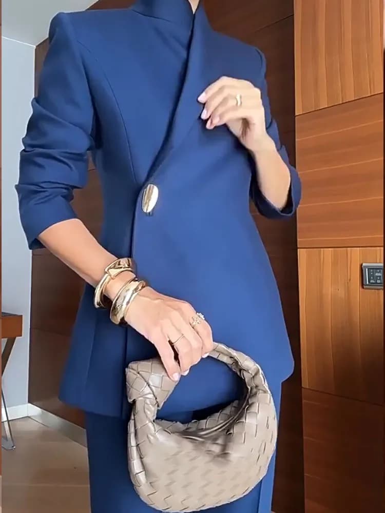 Women Fashion Chic Button Waist 2Pc Sets Elegant V-neck Blazer Coat & Long Pant Outfits Casual Long Sleeve Solid Commuting Suit
