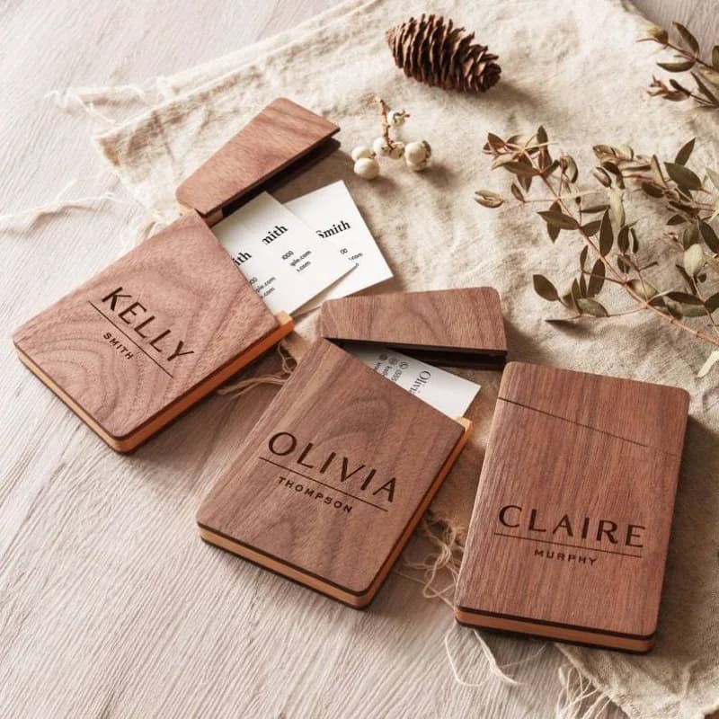 Laser Engraving Custom Text Handmade Black Walnut Wooden Portable Business Card Box Customised Business Card Case with Business LOGO for Men and Women