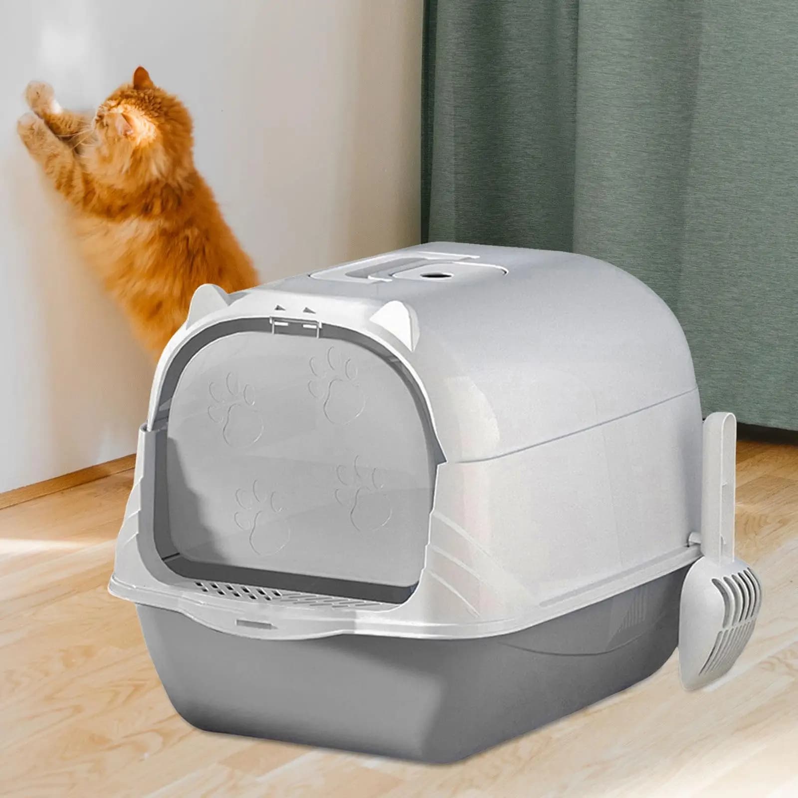 Hooded Cat Litter Box Enclosed Cat Toilet with Door Deep Pan Kitty Litter Tray