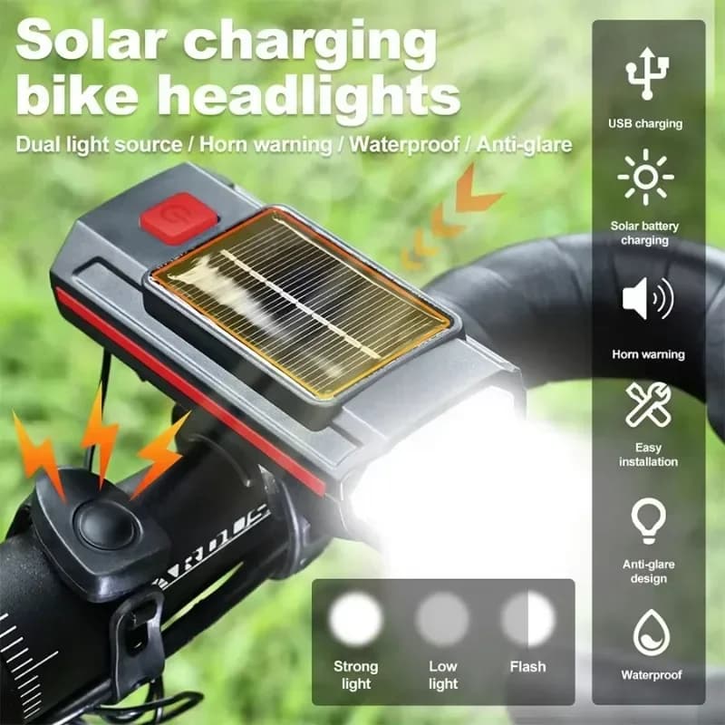 Luce solare per bicicletta USB ricaricabile 120dB lampada per bici da strada di montagna con clacson impermeabile MTB faro da ciclismo