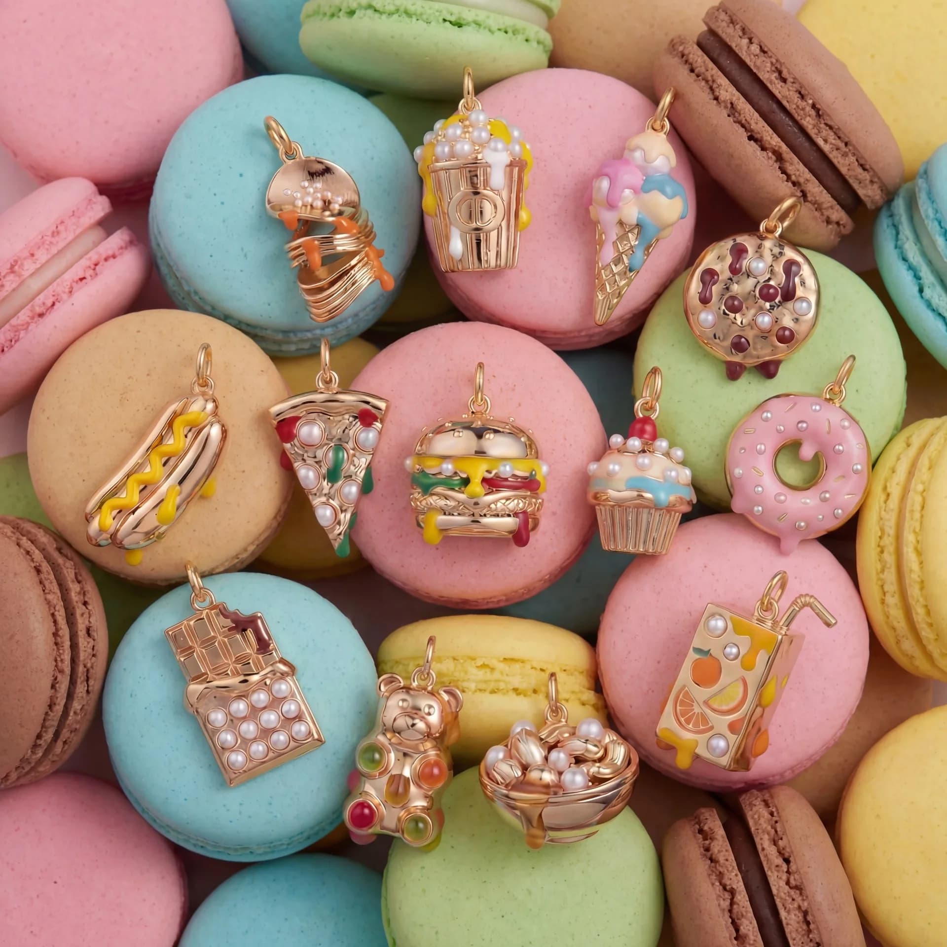 Collana con Ciondolo in Rame Serie Dessert Fai-da-Te: Patatine, Gelato, Torta, Hot Dog, Pizza, Hamburger - Accessori Gioielli Placcati Oro 14K