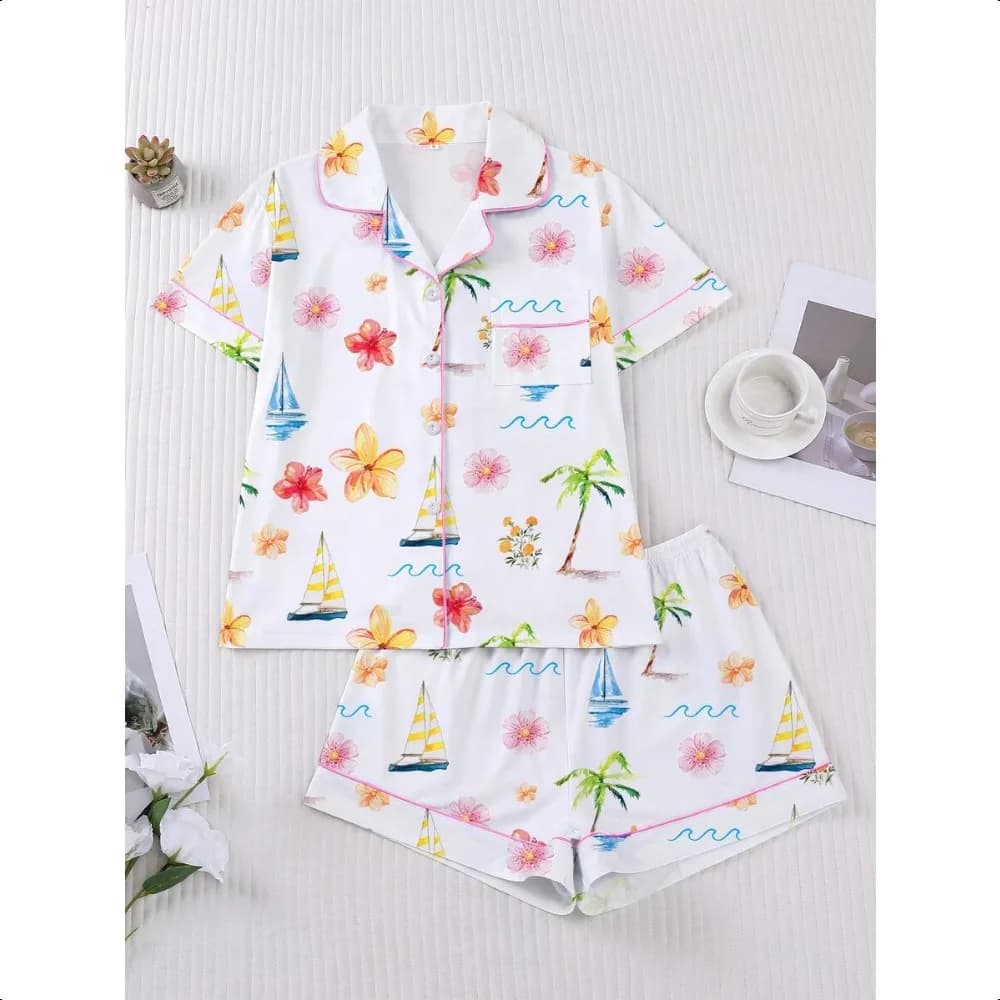 Marira Hawaiian Flower & Sailboat 2Pcs Pajama Set, Collar Button-Up Top & Elastic Shorts, All Season Women Loungewear