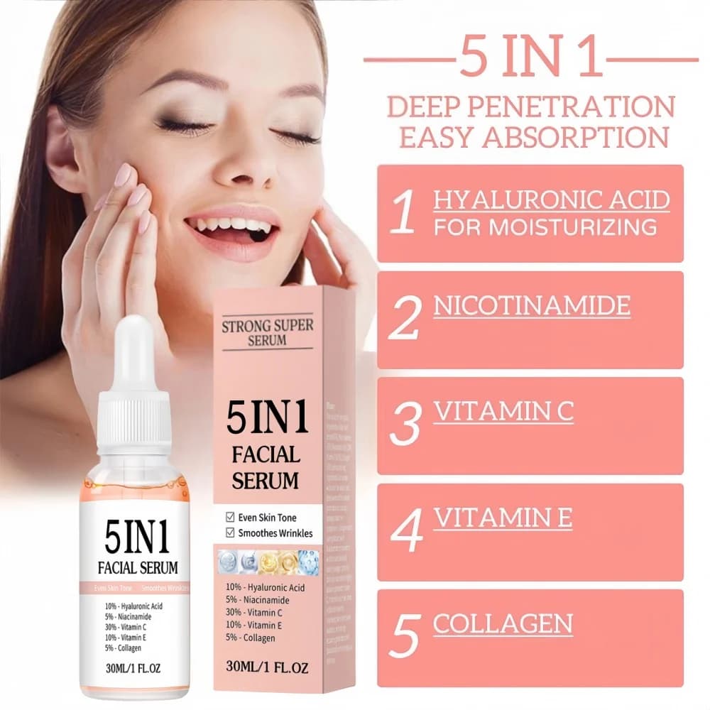 5 in 1 to reduce thin lines, hydrate, nourish, firm, facial essence, illuminate, vitamin C, hyaluronic acid, Ess face