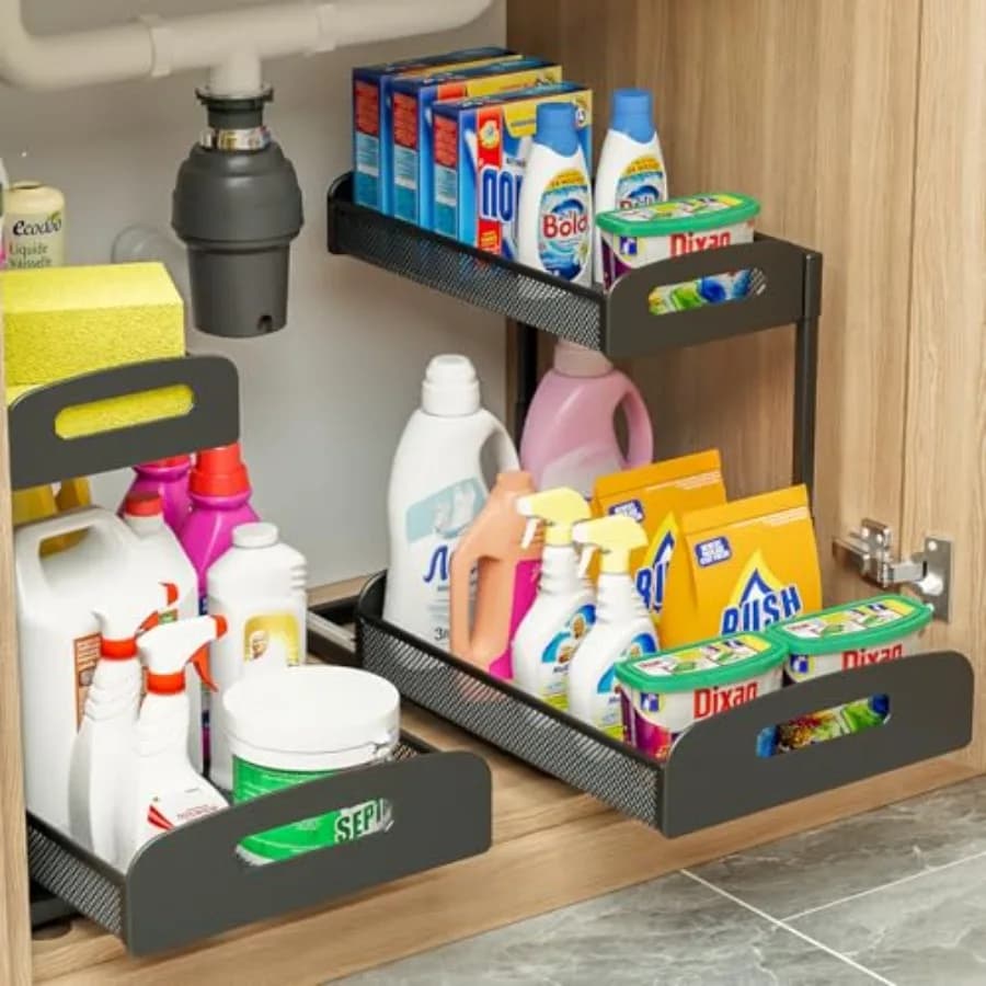 Set di 2 Organizzatori Sottolavello a 2 Livelli, Regolabili in Altezza, Organizzatore per Armadietto da Cucina, Ripiano Estraibile in Metallo