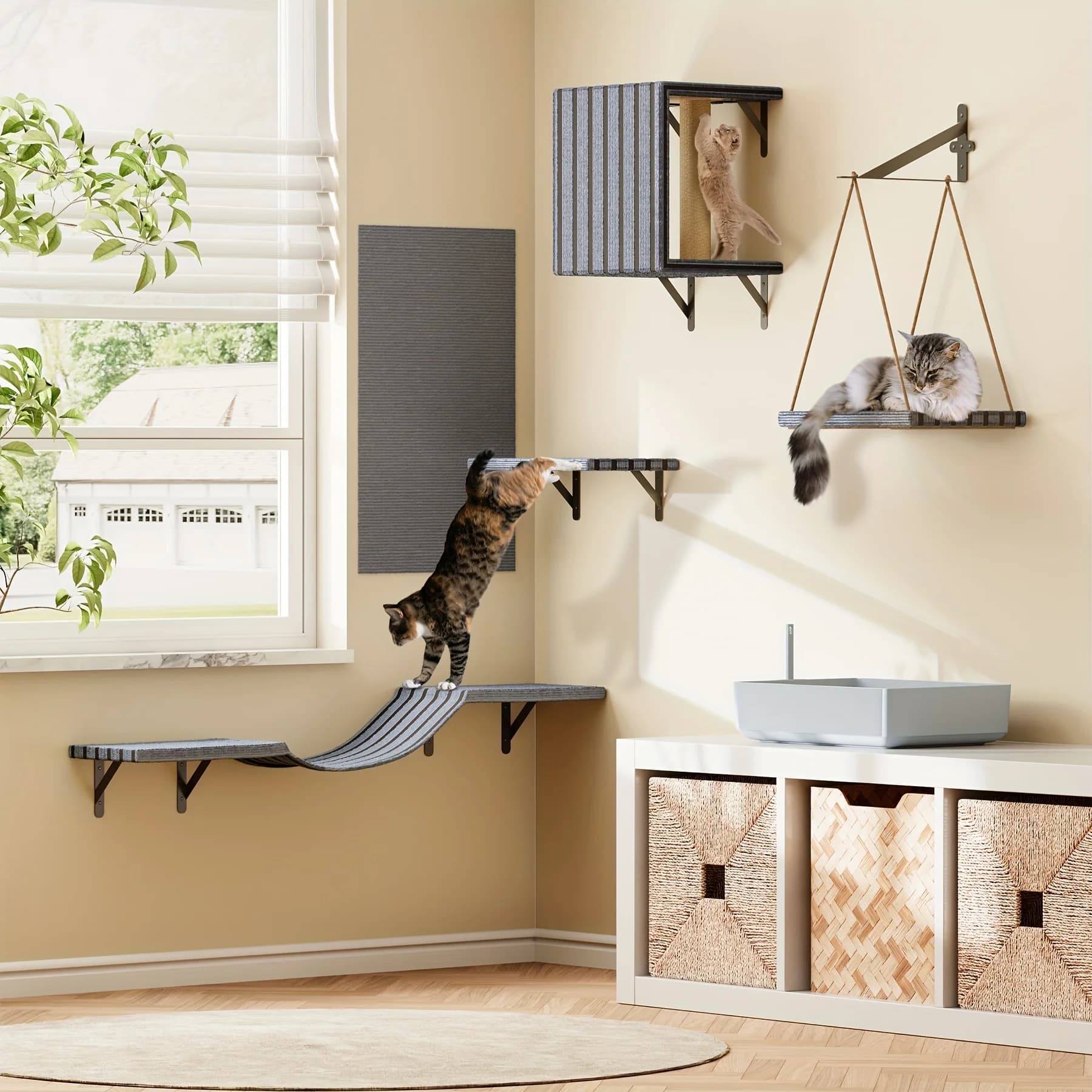 TOMNK Set Arrampicata per Gatti da Parete, Sistema di Arrampicata per Gatti, Set di Mobili per Gatti, Arrampicata per Gatti con Cuccia, Tunnel, Ponte, Albero, Gradini, Tiragraffi e Amaca, Mensole per Gatti da Interno, Pareti di Lusso per Gatti
