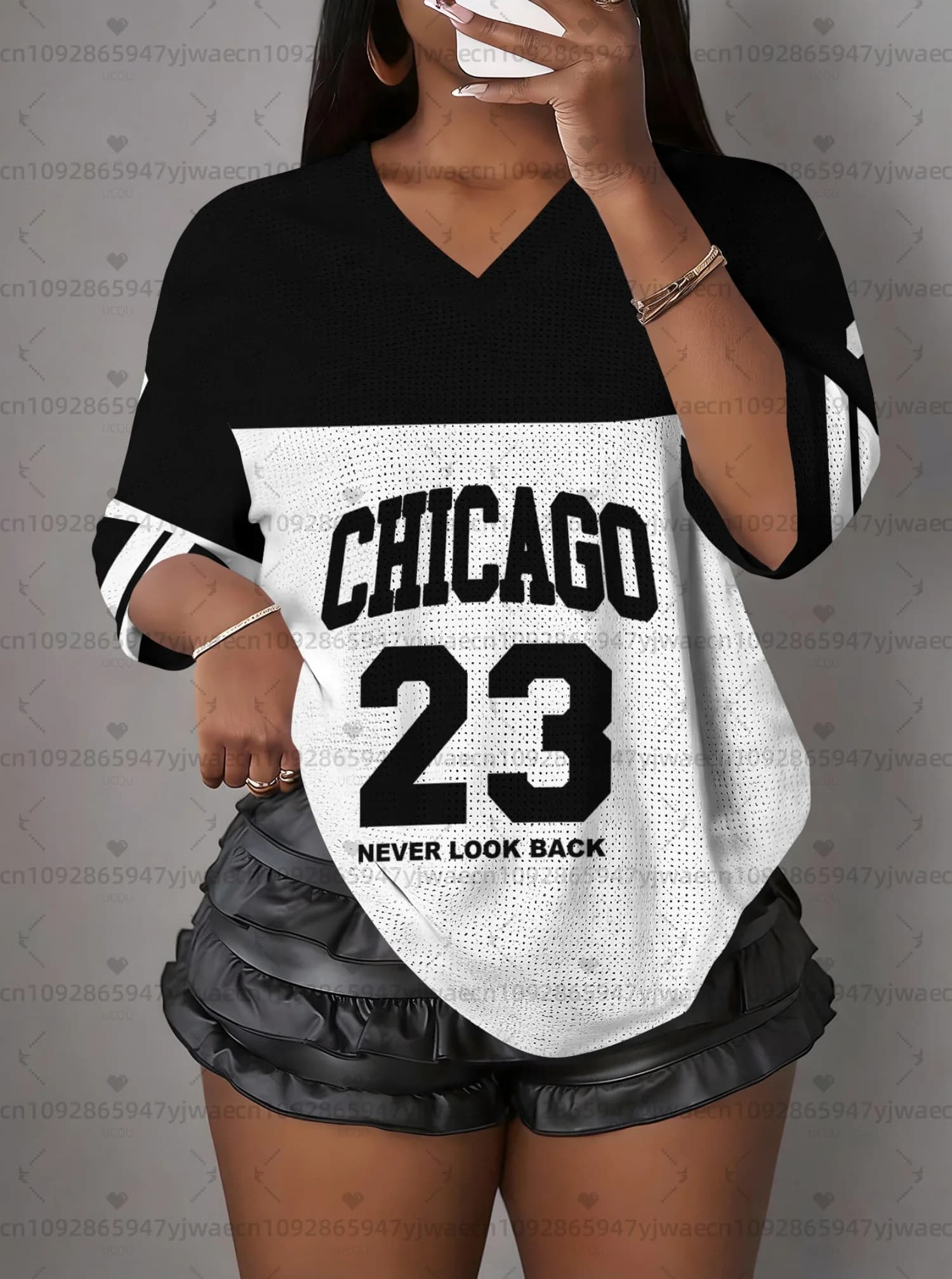 T-shirt estiva da donna americana con stampa CHICAGO n. 23, scollo a V, maniche corte, sportiva, da spiaggia, per vacanze, casual