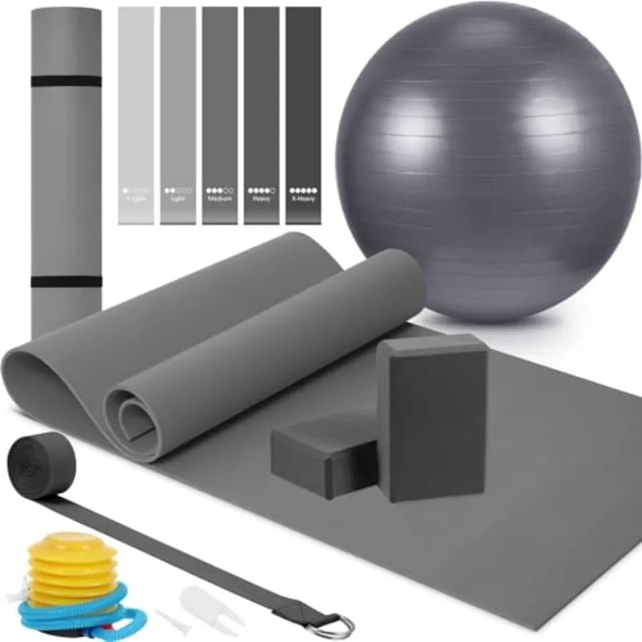 10 Pcs Yoga Starter Kit Include 6mm Yoga Mat with Carry Strap, 2 Blocks, 65cm Pilates Ball, Stretch Strap, 5 Resistance Bands w