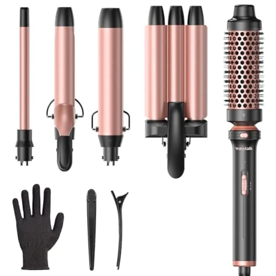 Set di bacchette arricciacapelli 5 in 1 Set di ferro arricciacapelli a doppia tensione con 5 barili intercambiabili inclusi una spazzola termica una piega per capelli e