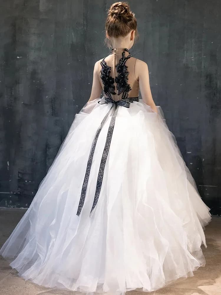 Abito da Damigella Personalizzato di Lusso Bianco e Nero per Bambina, Vestito da Principessa di Dubai per Compleanno, Matrimonio, Festa, Concorso di Bellezza