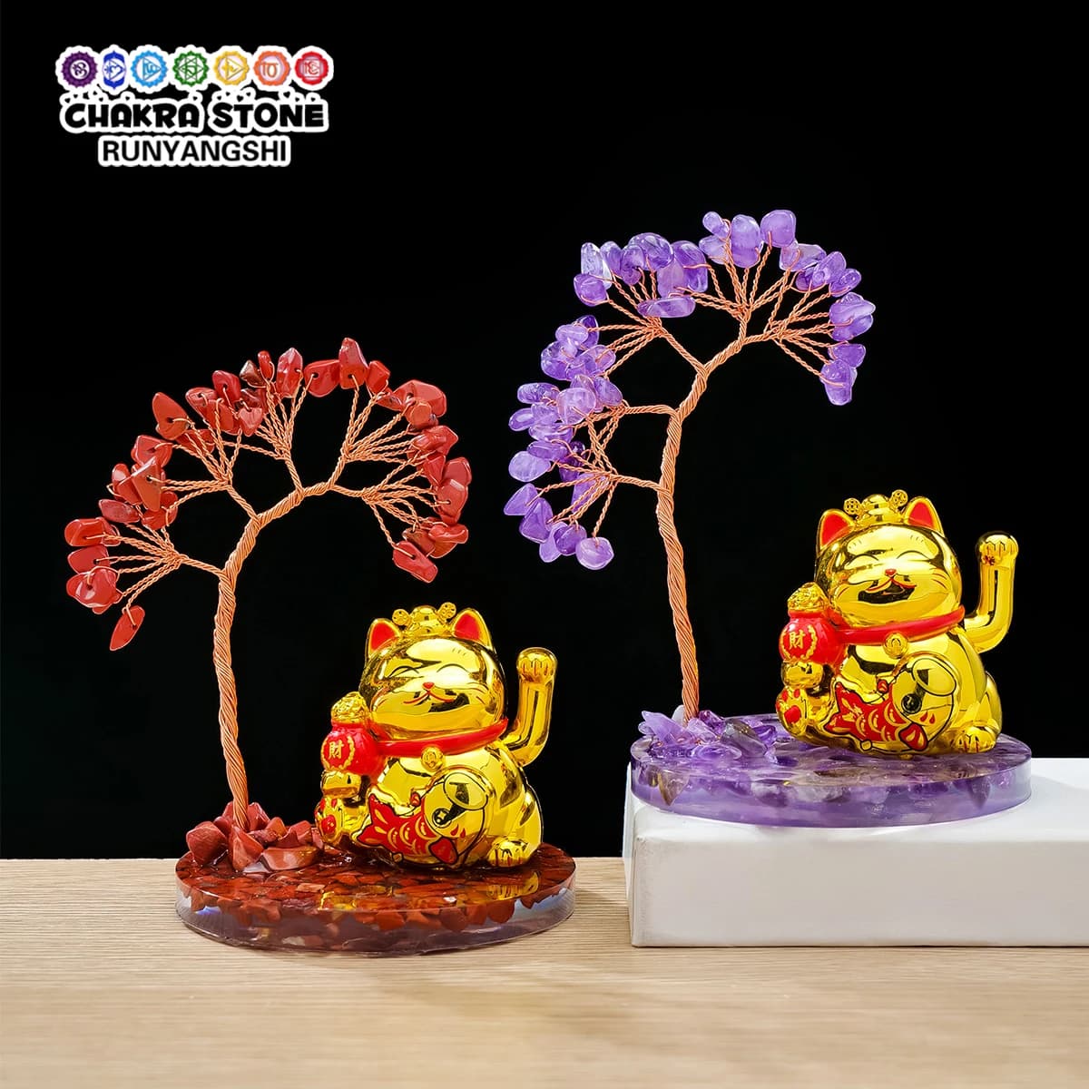 1 Pezzo Maneki Neko Dorato, Albero della Fortuna in Cristallo, Statuetta Gatto Portafortuna Feng Shui, Base in Cristallo Naturale, Decorazione per la Casa, Regalo per la Ricchezza