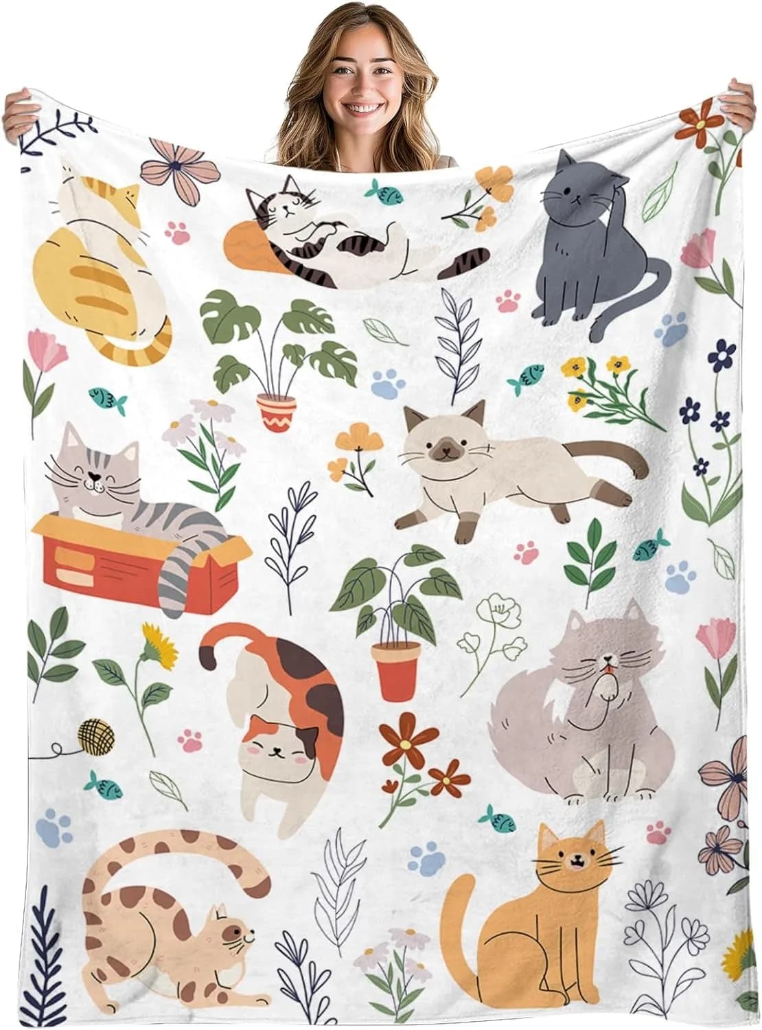 1PC Handdraw Cute Cats pattern Throw Thin Blanket Gifts for Couch Bed Car Home Camping For Cute animals Lovers all season use