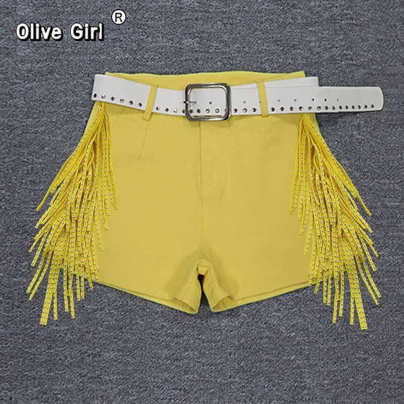 Olivegirl Casual Shorts High Waisted Multi-color Women Summer High-end Tassel Sequins Elastic Hot Pants Outerwear Trousers