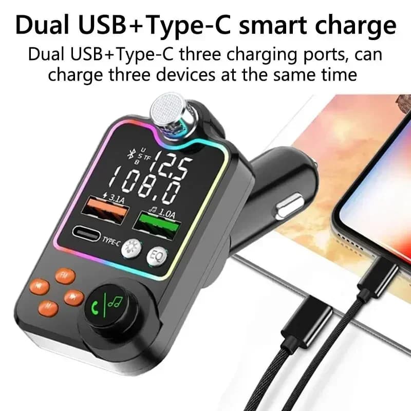 Trasmettitore FM Bluetooth 5.0 per Auto con Bassi Potenti, Lettore MP3, Microfono Grande, Riproduzione Musicale USB, Caricatore Rapido USB 3.0 PD