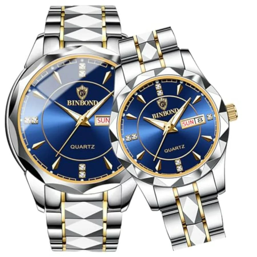 2PCS Valentines Couple Pair Watches Men and Women Luminous Calendar Waterproof Stainless Steel Face his and Hers Watches Set Lo