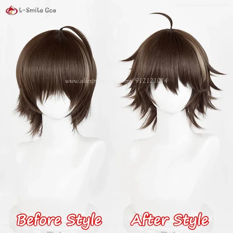 Parrucche da uomo 30 cm con evidenziazione marrone Ouma Shu Anime Cosplay Capelli sintetici resistenti al calore + cappuccio per parrucca