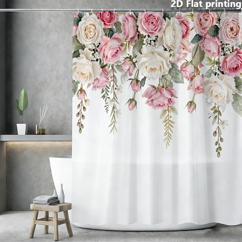 Tenda da doccia floreale rosa e bianca con rose, 1 pz, in poliestere, stampa piatta 2D, 180x180 cm, rose acquerello con foglie verdi su base crema