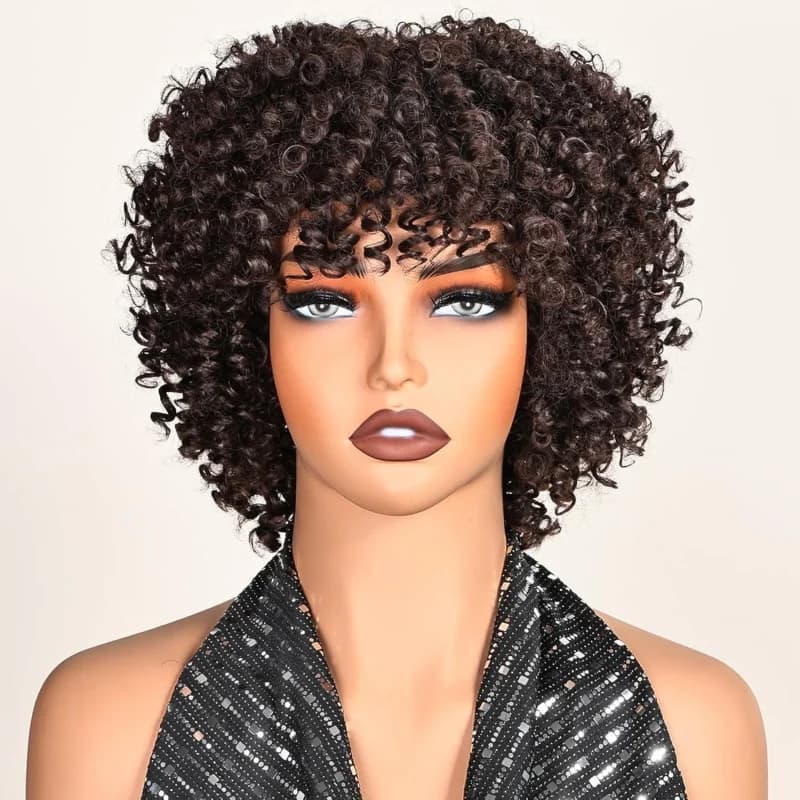 Parrucca Bob Afro Corta Ricci per Donne Nere, Capelli Sintetici Marroni Crespi da 6 Pollici con Frangia, Cappuccio Traspirante, Senza Colla per Uso Quotidiano