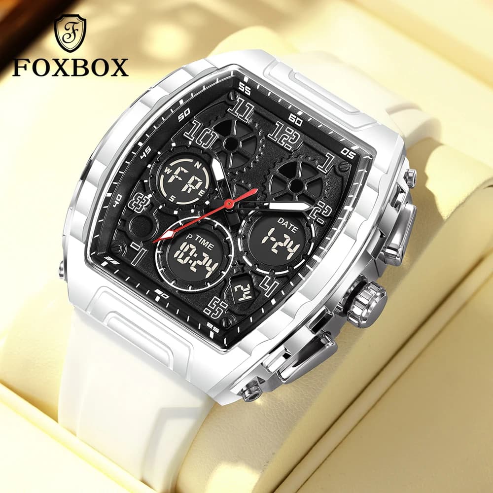 Foxbox Men's Sports Digital Wristwatches for Men's Watch Double Display Men's Tonneau Watches Chronograph Watch with Luminous Silicone Strap