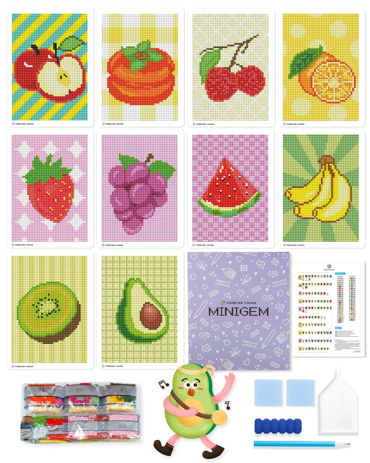 ForeverYoung Kit di pittura diamante fai da te Kit di arte con diamanti di frutta Mini biglietti postali con trapano quadrato, per principianti, regalo, decorazione della stanza