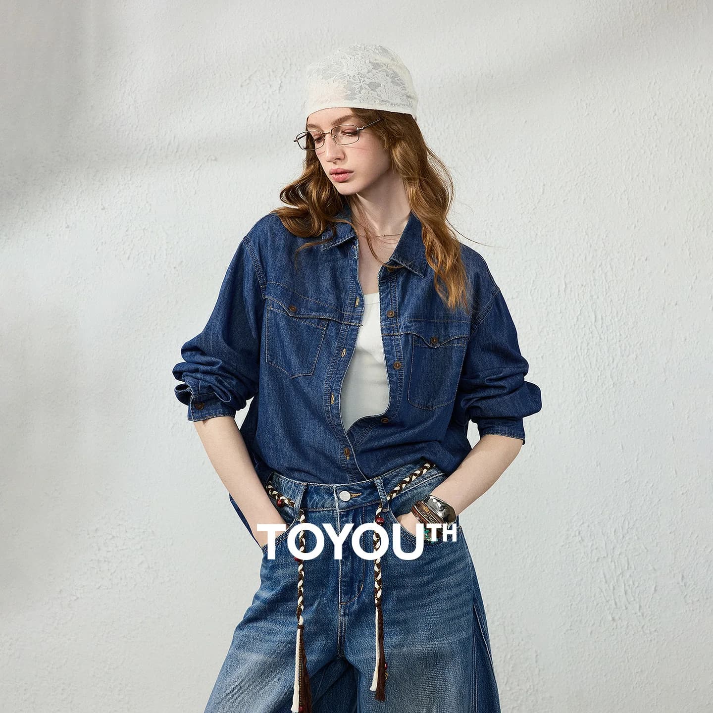 TOYOUTH Women Shirt 2026 Autumn New Loose Workwear Denim 100% Cotton Arrow Flap Pocket Open Shirt Outerwear