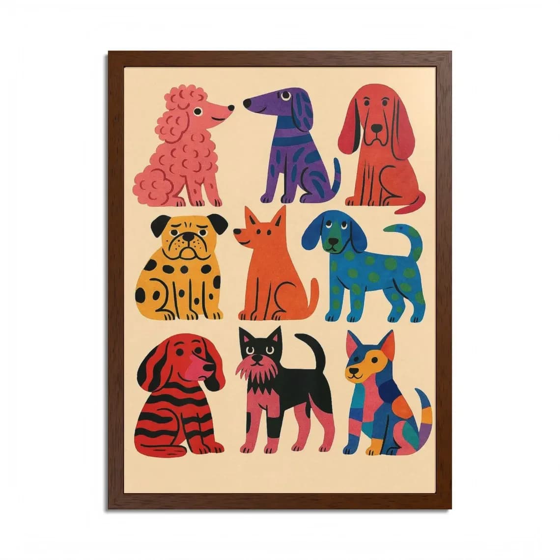 DECORAZIONE DA PARETE CON STAMPA ARTISTICA DI CANI COLORATI E GIOCOSI – Illustrazione canina in stile retrò vivace, un pezzo decorativo allegro per la cameretta dei bambini