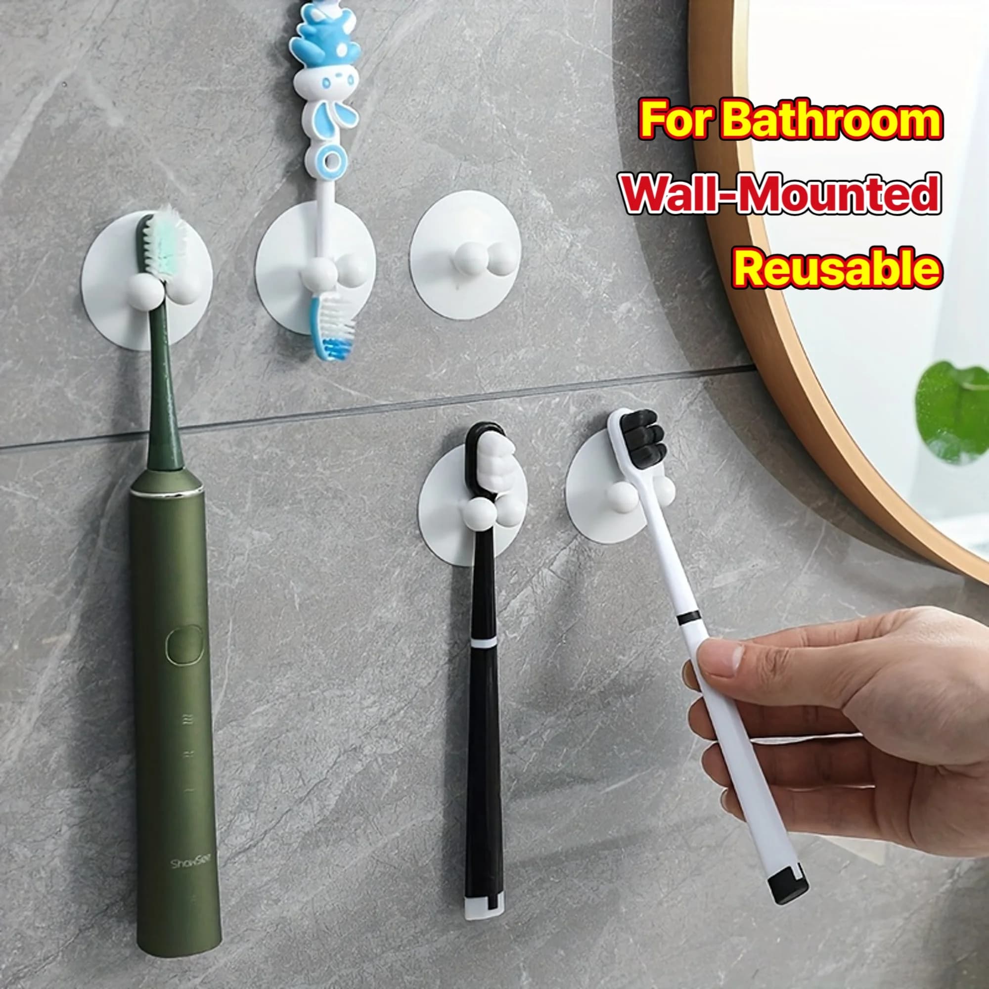 Portaspazzolino con ventosa senza fori - Ganci in plastica riutilizzabili da parete per un'ampia gamma di spazzolini, inclusi spazzolini elettrici e manuali - ideale per l'organizzazione del bagno, installazione senza fori