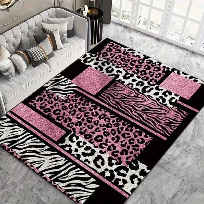 Tappeto con stampa leopardata rosa e zebra, moderno tappeto con stampa animalier geometrica per soggiorno, tappetino morbido antiscivolo per camera da letto e soggiorno