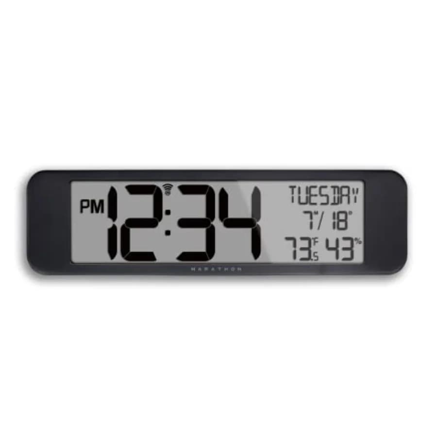 Orologio da Parete Atomico UltraWide Nero - Display Panoramico Grande da 14 Pollici - Formato Orario AM/PM o 24 Ore, Otto Fusi Orari, Temperatura Interna