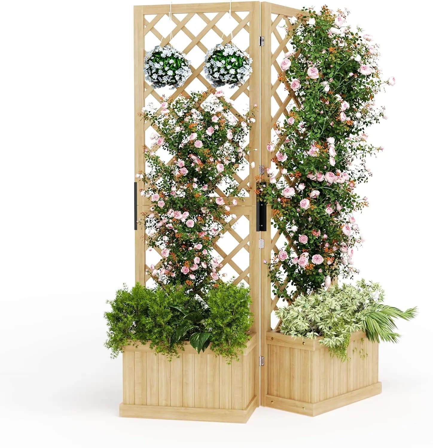 Pannello Frangivista in Cedro con Fioriera - 41"x10"x65" Pannello per Recinzione da Giardino, 2 Ante a Battente Autoportante con Fori di Drenaggio, Legno Naturale
