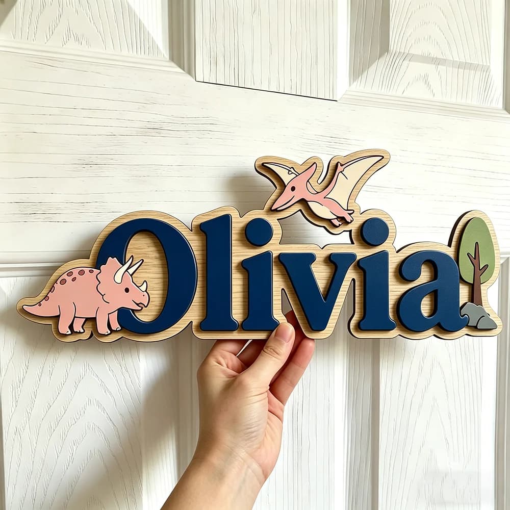 Targa personalizzata con nome di dinosauro per il miglior bambino, decorazione in legno per la cameretta con Triceratops e Pterodaktilo, targa unica per la porta dei bambini