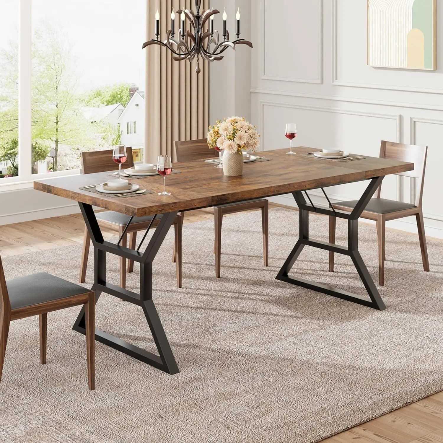 Tavolo da pranzo con struttura in vita per 6-8 persone, tavolo da pranzo rettangolare in legno con gambe in metallo resistente per sala da pranzo