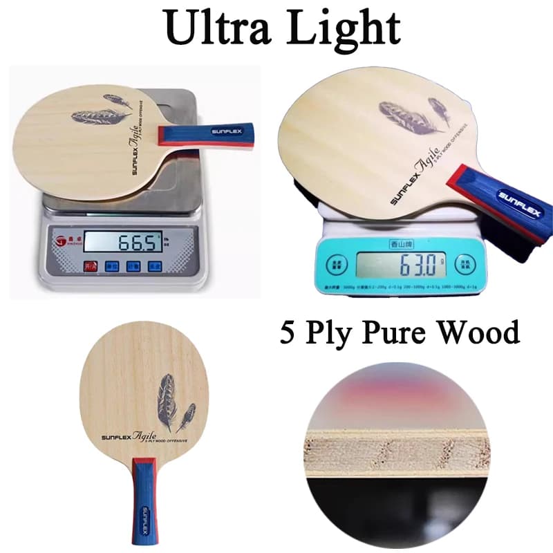 Ping Pong Super Lightweight SUNFLEX 5 Pure Wood Sheets for Fast Attack and FL/CS Curve for Children