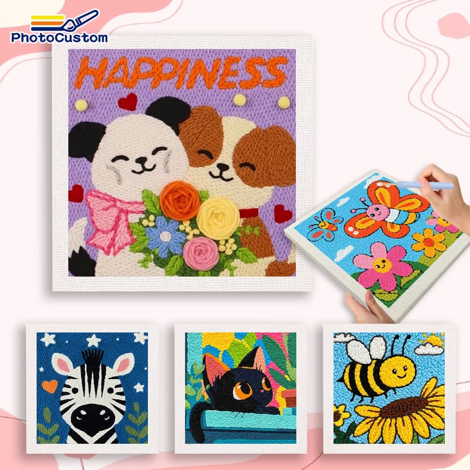 PhotoCustom Framed Cat And Dog Punch Needle Kits Interior Hobby Kits Animal Punch Needle Kits Adults Wall Art Crafts Diy Kits