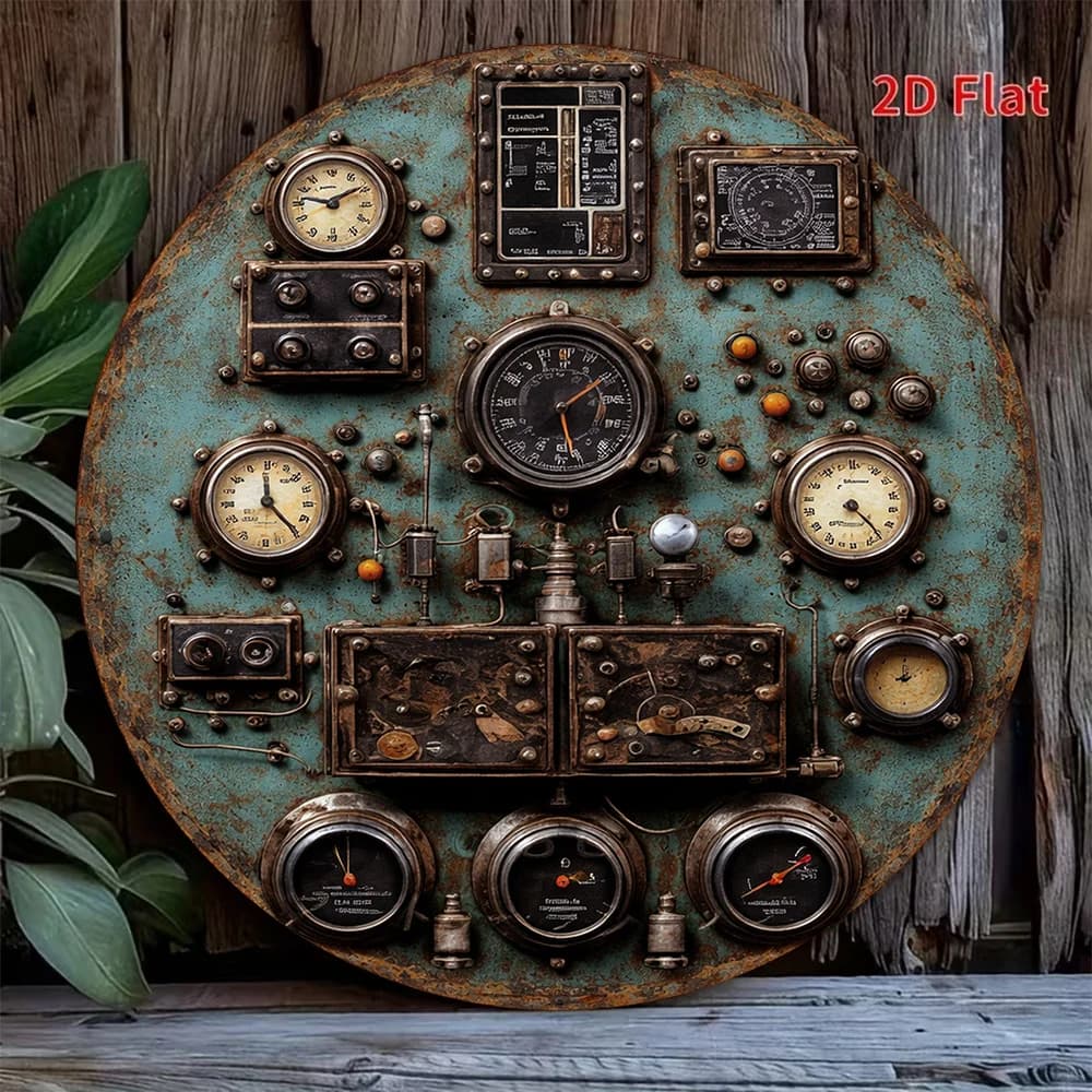 2D Flat Retro Dashboard Round Aluminum Sign - Steampunk Control Panel Wall Decor for Bar Cafe Workshop Home Office Gift