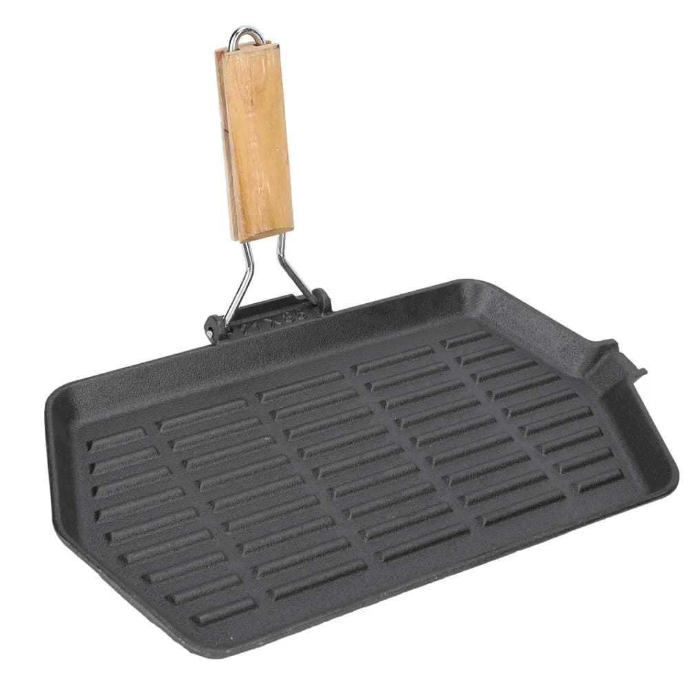 Padella per Grigliare 21x35 cm, Antiaderente con Manico in Legno, Piastra Multifunzionale per Bistecche, Nera, per Uso Domestico